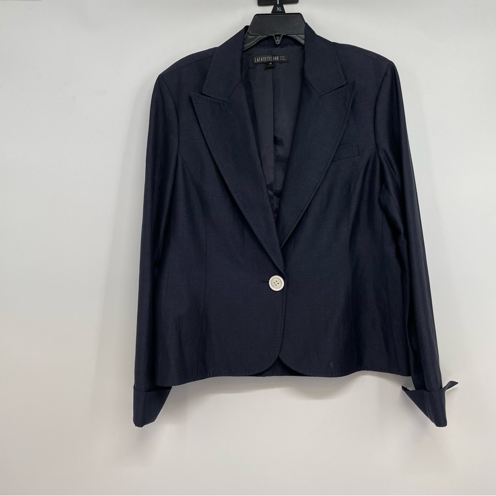 Lafayette 148 Jacket Blazer Womens Linen Wool Blue Sz 14 Cuffed Sleeves Lined